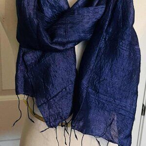 Vintage Deep Navy Scarf — Silk & Viscose Blend (1980s–1990s, Made in China)